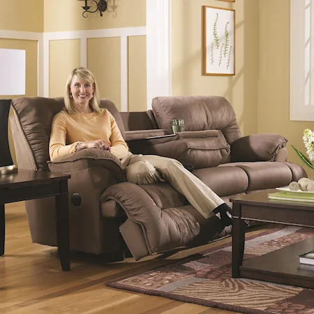 Casual Reclining Sofa with Fold Down Tray Table